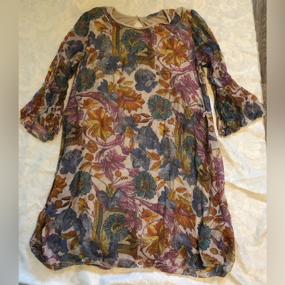 ELENA Baldi 100% Silk Outer Floral Bell Sleeve Short Dress Sz Small - Picture 3 of 10